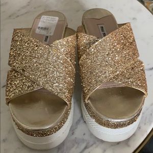 Miu Miu platform gold glitter sandals. Size 39